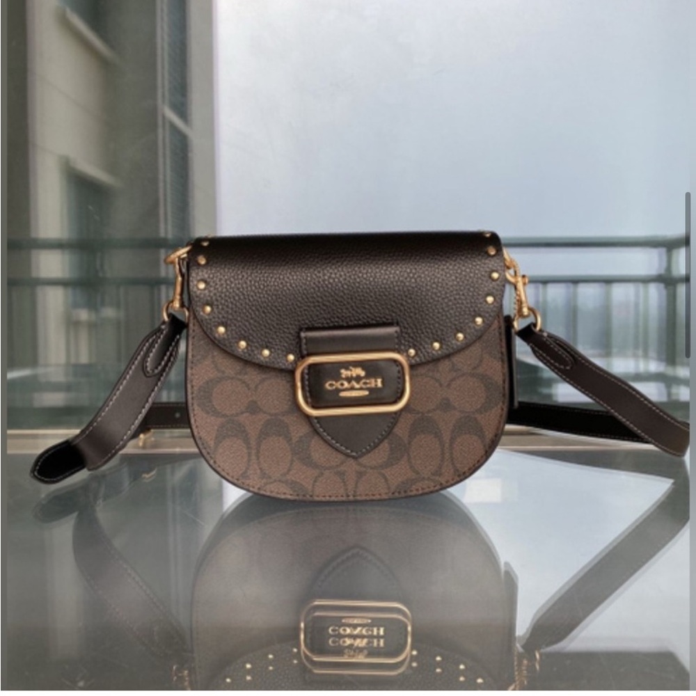 Coach CE567 Morgan Saddle Bag In Colorblock Brown & Black Gold Rivets - NWOT - Picture 4 of 14